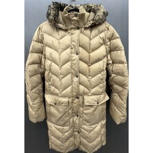 Lands End Down Coat Women XL Beige Long Hood Pockets Warm Outdoor Travel